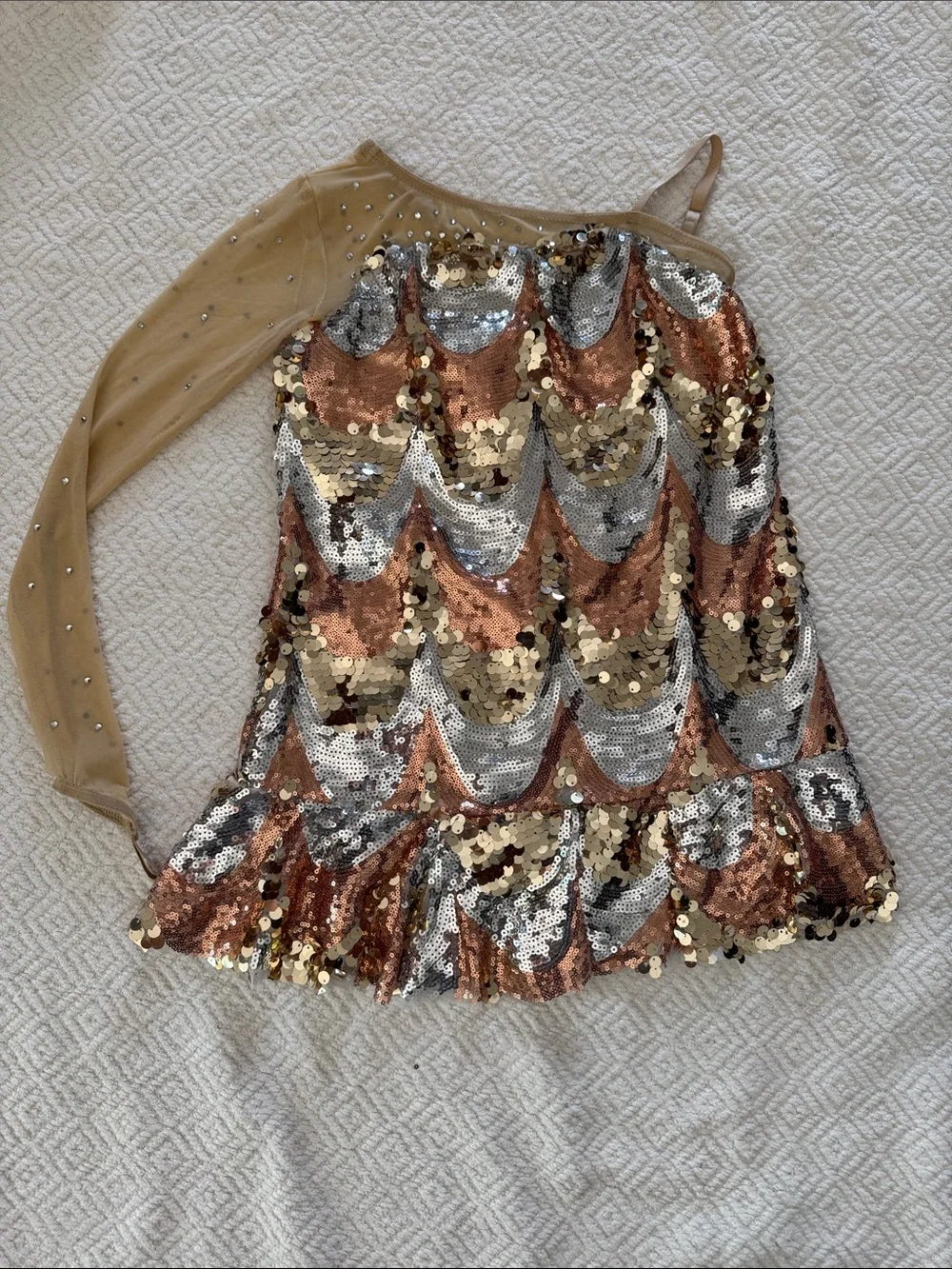 Weissman Sequin One-Shoulder Dance Dress in Gold and Silver